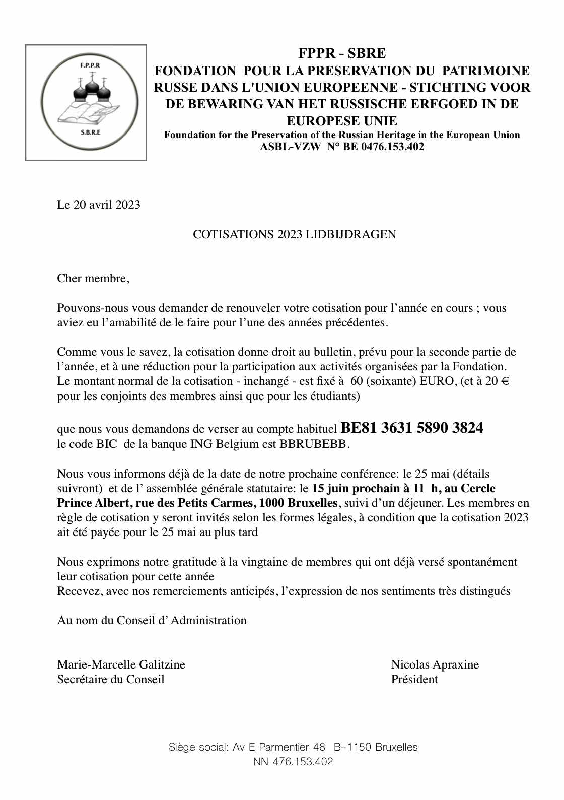 Lettre. FPPR-SBRE. Cotisations-Lidbijdragen. Assemblée générale statutaire. 2023-06-15